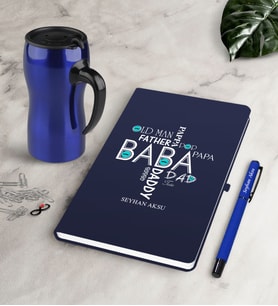 BK Gift Kişiye Özel Baba Lacivert Defter Kalem Termos Mug Seti-1 (Model 1)