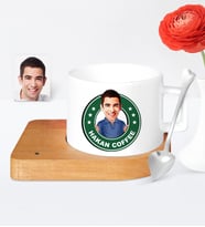 BK Gift Kişiye Özel Kahve Logolu Karikatür Ahşap Altlıklı Seramik Fincan  1