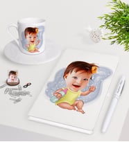 BK Gift Kişiye Özel Bebek Karikatürlü Beyaz Defter Kalem Türk Kahvesi Fincanı Seti-1 (Model 1)