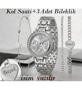 Gümüş Renk Bayan Kol Saati + 3 Adet Bileklik - Kız Arkadaşa hediye Sevgiliye Hediye Doğum Günü Hediyesi (Gümüş)