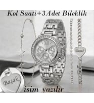 Gümüş Renk Bayan Kol Saati + 3 Adet Bileklik - Kız Arkadaşa hediye Sevgiliye Hediye Doğum Günü Hediyesi (Gümüş)