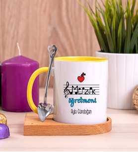 Müzik Öğretmeni Ahşap Altlıklı Sarı Kupa Bardak