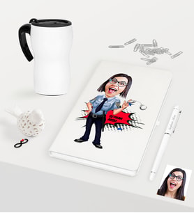 BK Gift Kişiye Özel Bayan Polis Karikatürlü Beyaz Defter Kalem Termos Mug Seti (Model 1)