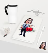 BK Gift Kişiye Özel Bayan Polis Karikatürlü Beyaz Defter Kalem Termos Mug Seti (Model 1)