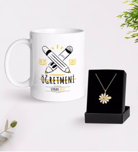 BK Gift Kişiye Özel En İyi Sınıf Öğretmeni Beyaz Kupa ve Papatya Kolye Hediye Seti-5 (Model 1)