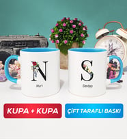 İkili Kişiye Özel Baş Harf ve İsim Yazılı Kupa Bardak Mavi