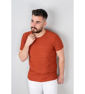 Extra Slimfit Sıfır Yaka Dokulu Erkek T-Shirt (Turuncu)