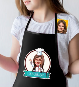 BK Gift Kişiye Özel Küçük Şef Karikatürlü Kız Çocuk Siyah Mutfak Önlüğü-5