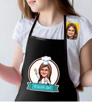 BK Gift Kişiye Özel Küçük Şef Karikatürlü Kız Çocuk Siyah Mutfak Önlüğü-5