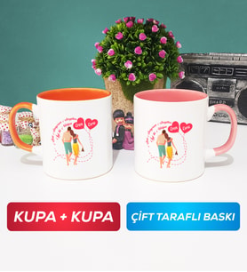 İkili Sevgiliye Sevgililer Günü Hediyesi 1 Kupa Bardak Turuncu Pembe