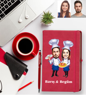 Kişiye Özel Aşçı Sevgili Karikatürlü Kırmızı Defter Kalem Hediye Seti Model-1