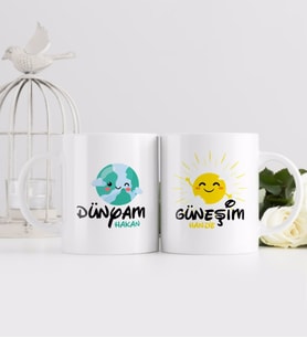 BK Gift Kişiye Özel Güneşim ve Dünyam Tasarımlı İkili Beyaz Kupa Bardak-3