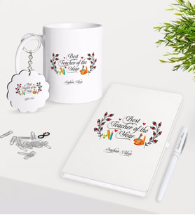 BK Gift Kişiye Özel Yılın En İyi Öğretmeni Kupa Anahtarlık Beyaz Defter Kalem Hediye Seti-1 (Model 1)