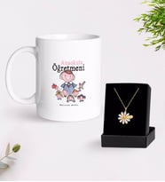 BK Gift Kişiye Özel Anaokulu Öğretmeni Beyaz Kupa ve Papatya Kolye Hediye Seti-2 (Model 1)
