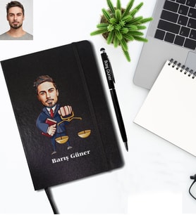 Kişiye Özel Avukat Karikatürlü Siyah Defter Kalem Hediye Seti Bay-3