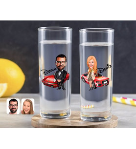 BK Gift Kişiye Özel Renkli Baskılı Erkek ve Kadın Karikatürlü İkili Vodka Bardağı-1 (Beyaz)