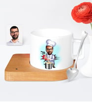 BK Gift Kişiye Özel Aşçı Karikatür Ahşap Altlıklı Seramik Fincan  1