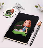 BK Gift Kişiye Özel Bayan En İyi Öğretmen Karikatürlü Siyah Defter Kalem Ve Anahtarlık Hediye Seti-1 (Model 1)