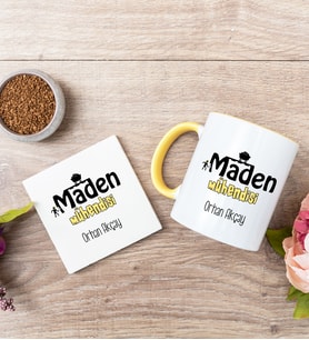 Maden Mühendisi Sarı Kupa Bardak Ve Bardak Altlığı Seti