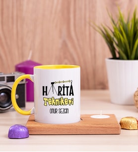 Harita Teknikeri Ahşap Altlıklı Mumlu Sarı Kupa Bardak
