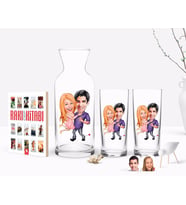 BK Gift Kişiye Özel Renkli Baskılı Sevgililer Karikatürlü İkili Rakı Bardağı Karaf ve Cep Kitabı Hediye Seti-3 (Model 1)
