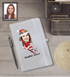 Kişiye Özel Yılbaşı Bayan Karikatürlü Gri Defter Kalem Hediye Seti Model-9