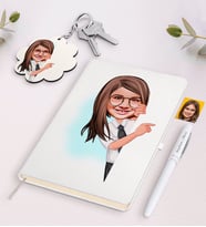 BK Gift Kişiye Özel Kız Çocuk Karikatürlü Beyaz Defter Kalem ve Anahtarlık Hediye Seti-1 (Model 1)