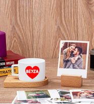 İsim Yazılı Kalpli Fincan ve Ahşap Standlı Polaroid Set