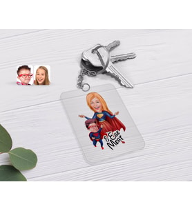 BK Gift Kişiye Özel Süper Anne ve Çocuk Karikatürlü Şeffaf Pleksi Anahtarlık (Beyaz)
