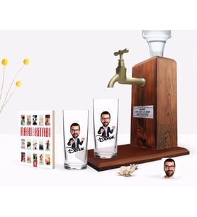 BK Gift Kişiye Özel Renkli Baskılı Erkek Karikatürlü İkili Rakı Bardağı Ahşap Rakı Standı ve Cep Kitabı Hediye Seti-50 (Model 1)