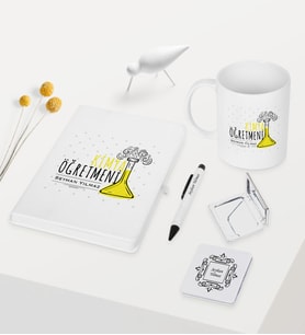 BK Gift Kişiye Özel Kimya Öğretmeni Temalı Beyaz Defter Kalem Kupa Ayna Seti - 5