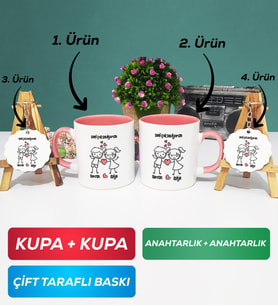 İkili Pembe Kişiye Özel Sevgililer Günü Hediyesi Kupa Bardak Anahtarlık Hediye Seti