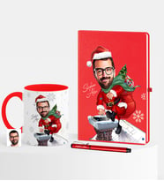 BK Gift Kişiye Özel Yılbaşı Temalı Bay Karikatürlü Kırmızı Defter Kalem Kupa Seti - 3