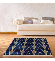 Gold Geometrik Zigzag Çizgili Üçgen Desenli Dijital Baskı Yıkanabilir Modern Salon Halı ve Yolluk (Lacivert)