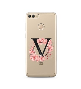 Pembe Çiçekli Harf Tasarım Süper Şeffaf Silikon Telefon Kılıfı Huawei Y9 2018 V-