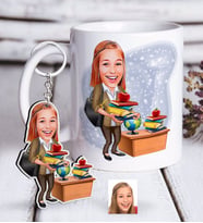 BK Gift Kişiye Özel Bayan Öğretmen Karikatürlü Beyaz Kupa ve Anahtarlık Hediye Seti-4 (Model 1)