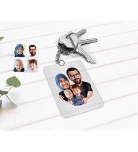 BK Gift Kişiye Özel Tesettürlü Aile Karikatürlü Şeffaf Pleksi Anahtarlık-4 (Beyaz)