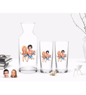 BK Gift Kişiye Özel Renkli Baskılı Sevgililer Karikatürlü İkili Rakı Bardağı ve Karaf Hediye Seti-8 (Model 1)