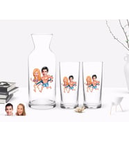 BK Gift Kişiye Özel Renkli Baskılı Sevgililer Karikatürlü İkili Rakı Bardağı ve Karaf Hediye Seti-8 (Model 1)