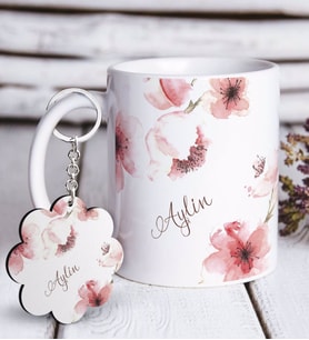 BK Gift Kişiye Özel Çiçek Desenli Beyaz Kupa ve Anahtarlık Hediye Seti-4 (Model 1)