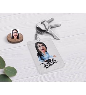 BK Gift Kişiye Özel Kadın Patron Karikatürlü Şeffaf Pleksi Anahtarlık-5 (Beyaz)
