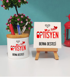 Mesajlı Optisyen Tasarımlı Kişiye Özel Optisyen Kalemlik ve Dekoratif Taş Baskı Hediye Seti