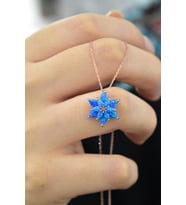 925 Ayar Gümüş Mavi Doğal Opal Taşlı Lotus Kolye