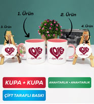 İkili Pembe Love Tasarımlı Sevgililer Günü Hediyesi Kupa Bardak Anahtarlık