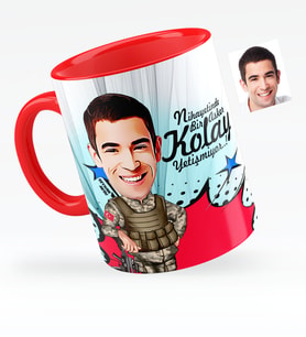 BK Gift Kişiye Özel Asker Karikatürlü Kırmızı Kupa Bardak  2