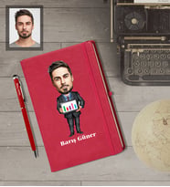 Kişiye Özel İş Adamı Karikatürlü  Kırmızı Defter Kalem Hediye Seti Bay-14