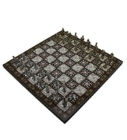Küçük Boy Metal Truvalılar Satranç Takımı ve Sedef Desenli Küçük Tahtası (30x30 cm.)