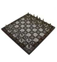 Küçük Boy Metal Truvalılar Satranç Takımı ve Sedef Desenli Küçük Tahtası (30x30 cm.) (Çok Renkli)