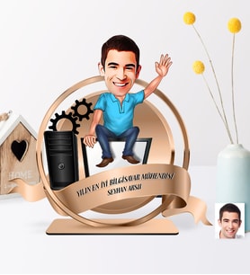 BK Gift Kişiye Özel Yılın En İyi Bay Bilgisayar Mühendisi Karikatürlü 3D Ahşap Plaket