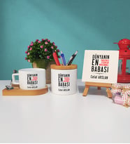 Baba Tasarımlı Kişiye Özel Babalar Günü Hediyesi Ahşap Altlıklı Fincan Kalemlik ve Dekoratif Taş Baskı Hediye Seti